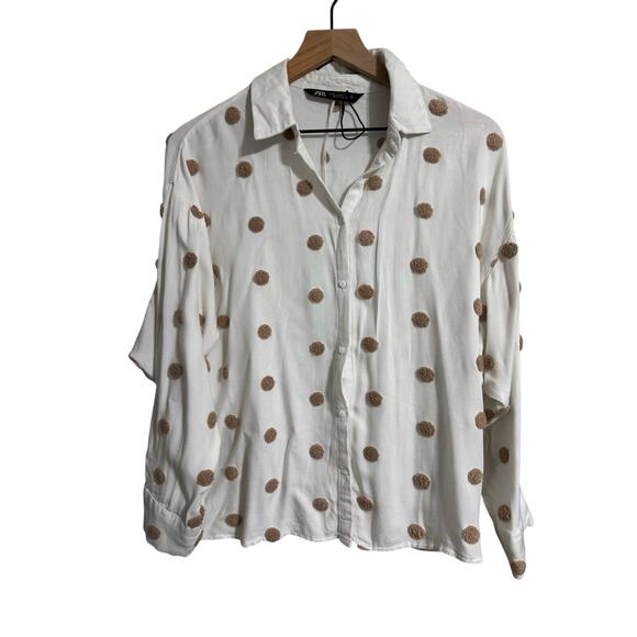 Zara Textured Polka Dot Neutral Button Down Medium - Picture 1 of 5
